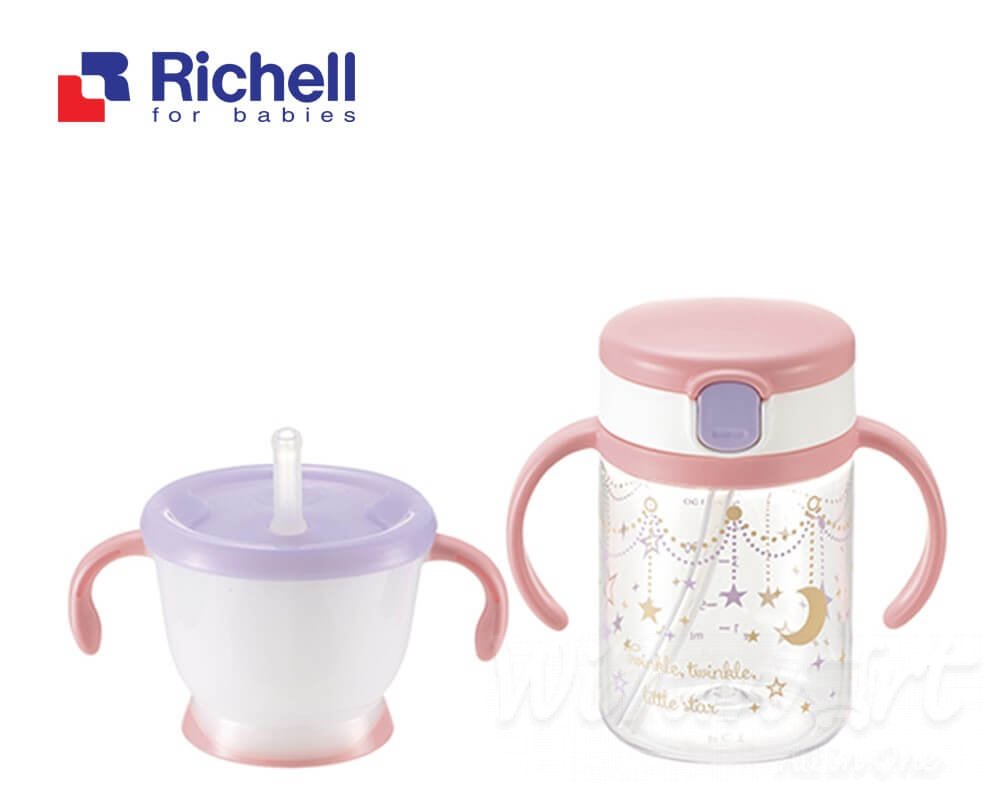 Bộ cốc ống hút màu hồng Richell tiện dụng cho bé trong giai đoạn tập uống